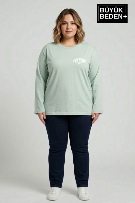 Kadın Büyük Beden New York Baskılı 2 İplik Bisiklet Yaka Tişört SPR26BTSK942-5