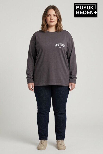 Kadın Büyük Beden New York Baskılı 2 İplik Bisiklet Yaka Tişört SPR26BTSK942-5