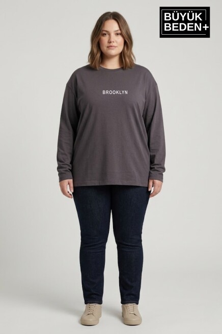 Kadın Büyük Beden Orta Brooklyn Baskılı 2 İplik Bisiklet Yaka Tişört SPR26BTSK942-8