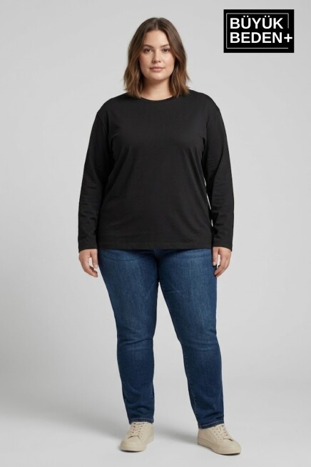 Kadın Büyük Beden Uzun Kollu 2 İplik Bisiklet Yaka Tişört