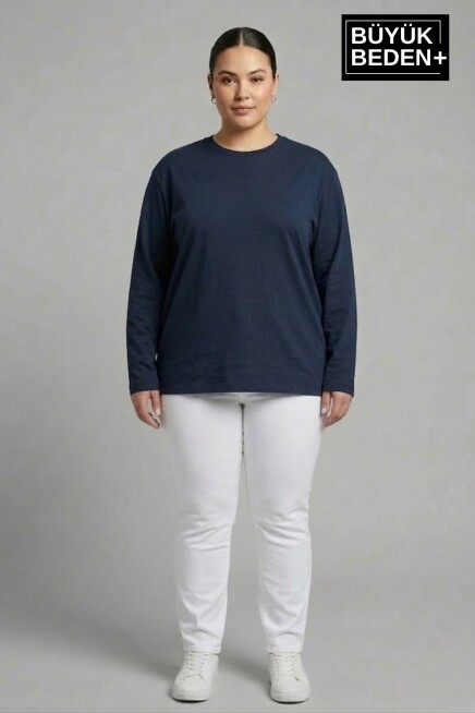 Kadın Büyük Beden Uzun Kollu 2 İplik Bisiklet Yaka Tişört