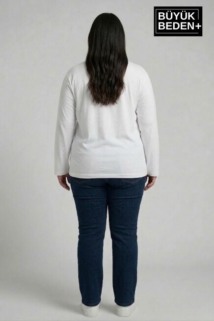 Kadın Büyük Beden Uzun Kollu 2 İplik Bisiklet Yaka Tişört