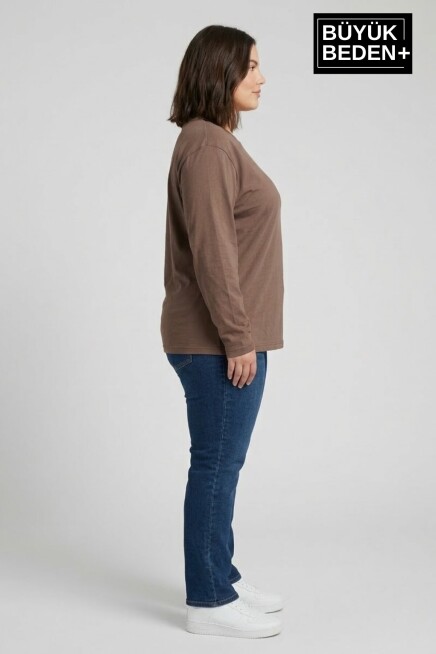 Kadın Büyük Beden Uzun Kollu 2 İplik Bisiklet Yaka Tişört