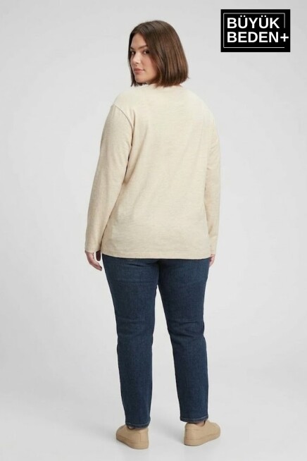 Kadın Büyük Beden Uzun Kollu 2 İplik Bisiklet Yaka Tişört