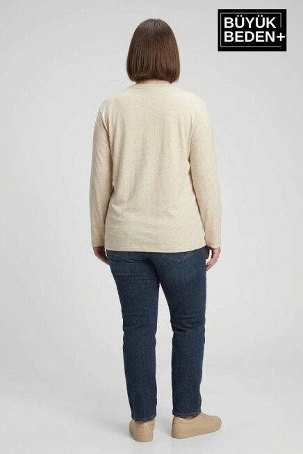 Kadın Büyük Beden Uzun Kollu 2 İplik Bisiklet Yaka Tişört