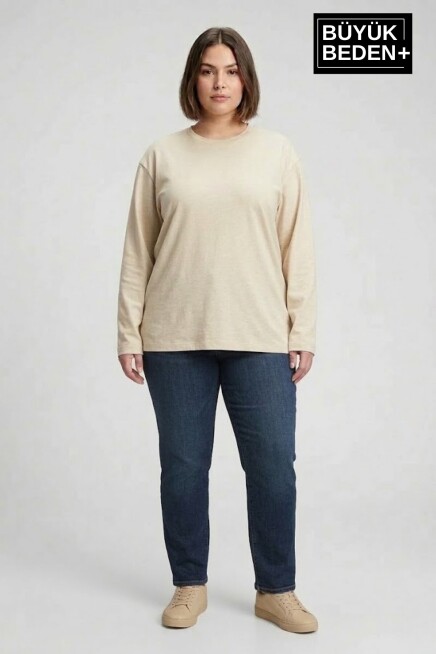 Kadın Büyük Beden Uzun Kollu 2 İplik Bisiklet Yaka Tişört