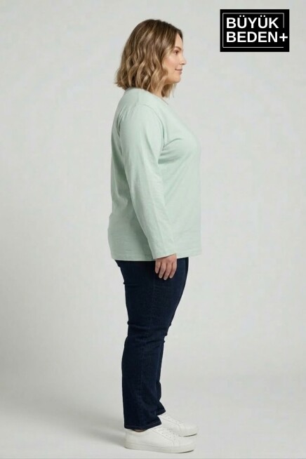 Kadın Büyük Beden Uzun Kollu 2 İplik Bisiklet Yaka Tişört