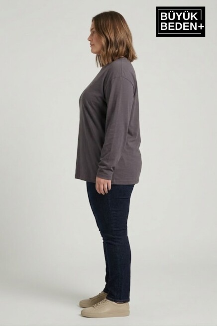 Kadın Büyük Beden Uzun Kollu 2 İplik Bisiklet Yaka Tişört