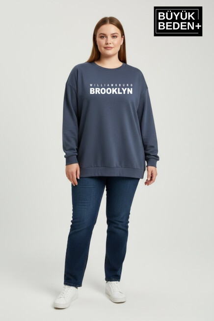 Kadın Büyük Beden Willams Brooklyn Baskılı Bisiklet Yaka ince Sweatshirt SPR26BSW956-16