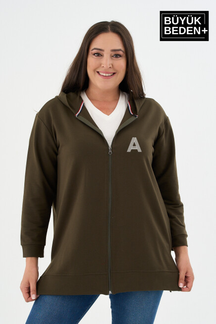 Kadın Tunik Büyük Beden A Baskılı Fermuarlı Kapşonlu Sweat Hırka SPR26BTK955-3
