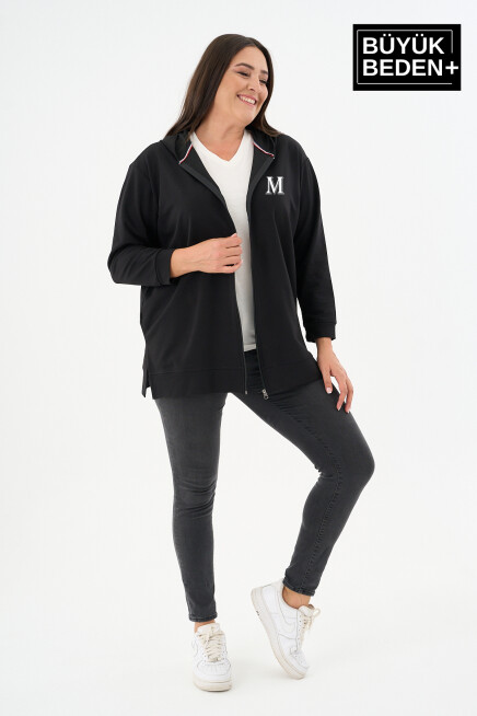 Kadın Tunik Büyük Beden M Baskılı Fermuarlı Kapşonlu Sweat Hırka SPR26BTK955-4