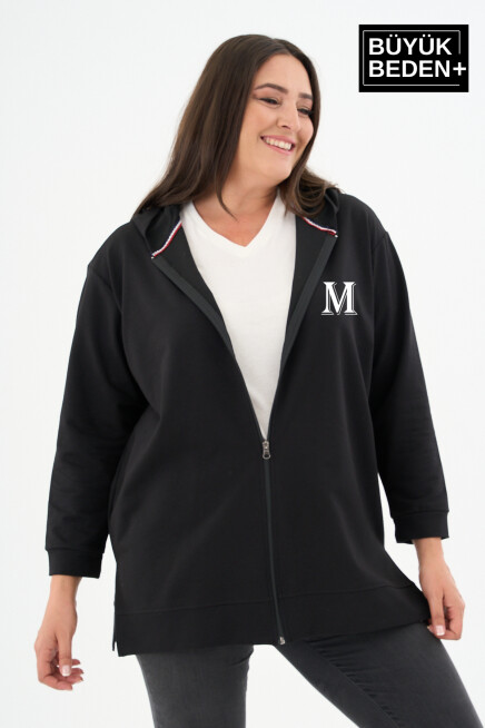 Kadın Tunik Büyük Beden M Baskılı Fermuarlı Kapşonlu Sweat Hırka SPR26BTK955-4