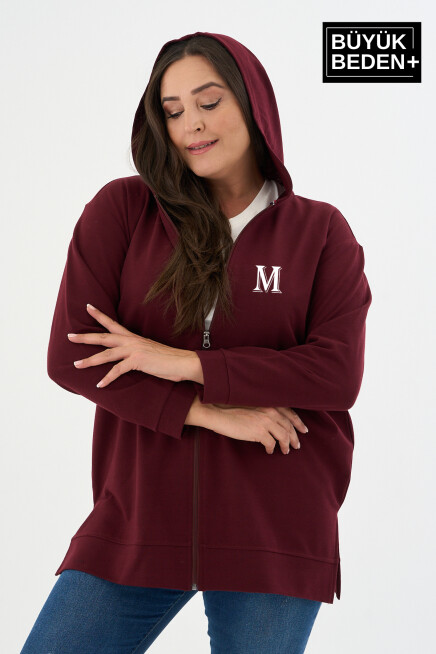 Kadın Tunik Büyük Beden M Baskılı Fermuarlı Kapşonlu Sweat Hırka SPR26BTK955-4