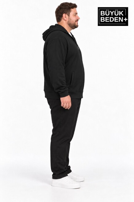 Erkek Büyük Beden İki İplik Kapüşonlu Fermuarlı Cepli Sweatshirt Hırka SPR26BHR961