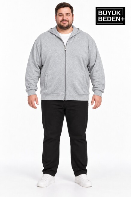 Erkek Büyük Beden İki İplik Kapüşonlu Fermuarlı Cepli Sweatshirt Hırka SPR26BHR961