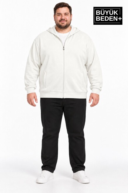 Erkek Büyük Beden İki İplik Kapüşonlu Fermuarlı Cepli Sweatshirt Hırka SPR26BHR961
