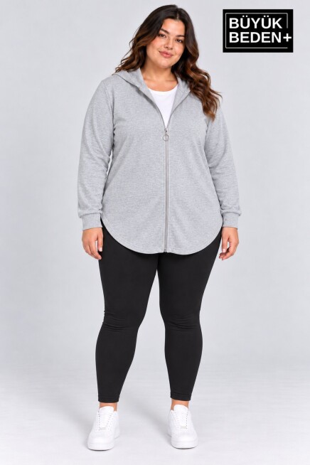 Kadın Büyük Beden Fermuarlı Kapüşonlu Sweatshirt Günlük Rahat Kesim SPR26BHR994