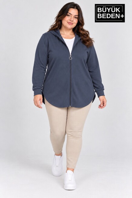 Kadın Büyük Beden Fermuarlı Kapüşonlu Sweatshirt Günlük Rahat Kesim SPR26BHR994