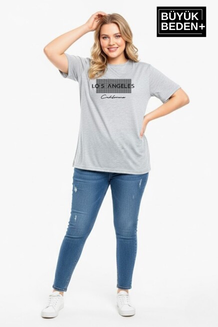 Kadın Büyük Beden Los Angeles Baskılı 3xl-6xl Bisiklet Yaka Tshırt SPR26BTSK510-18
