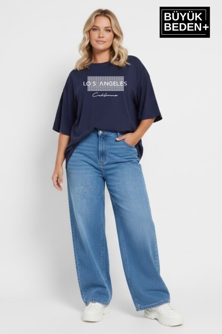 Kadın Büyük Beden Los Angeles Baskılı 3xl-6xl Bisiklet Yaka Tshırt SPR26BTSK510-18