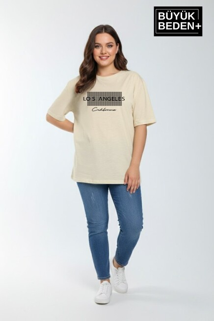 Kadın Büyük Beden Los Angeles Baskılı 3xl-6xl Bisiklet Yaka Tshırt SPR26BTSK510-18